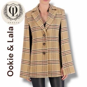 Ookie & Lala Women's Plaid Cape Coat in the Size Medium in Camel/Black Combo
